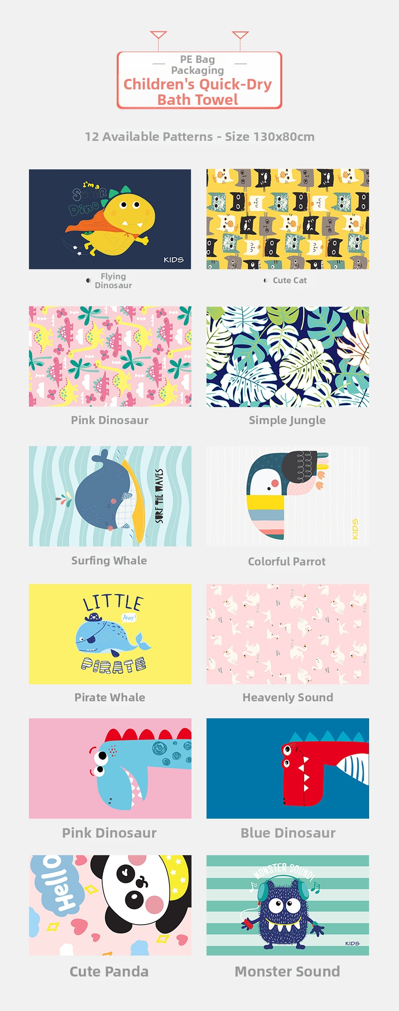 Serviette de plage portable à séchage rapide et absorbante avec motif dessin animé pour enfants (garçons et filles)_voghion.com