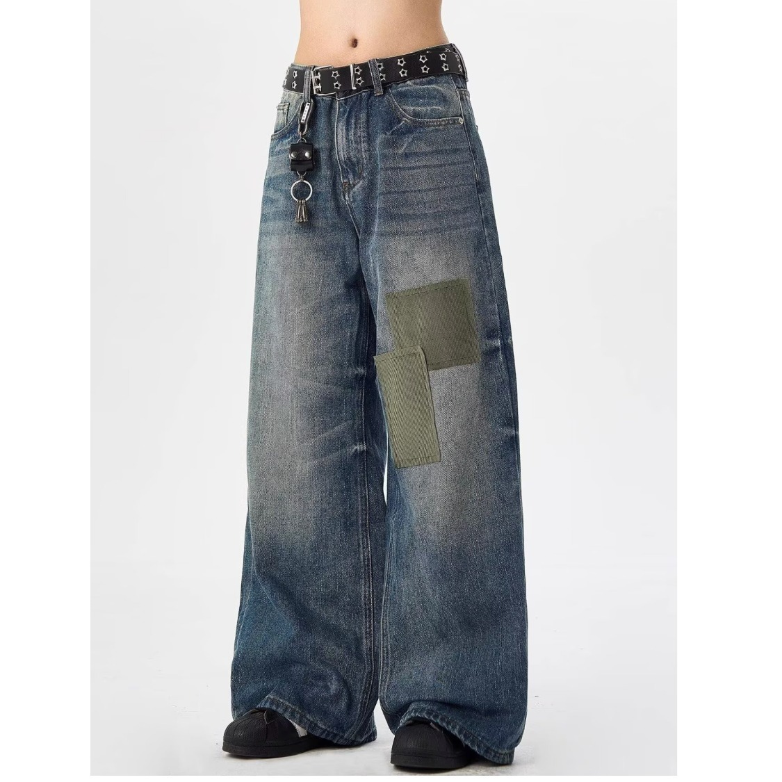 Vintage Washed Denim Jeans Relaxed Fit Straight Leg Wide Trousers Patchwork Design for Men And Women_viptrois.com