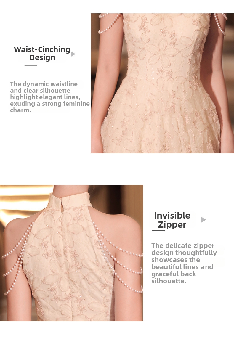 Elegant Floral Halter Neck Cheongsam Dress For Engagement Party, Banquet, And Bride's Homecoming_ecoleips.com