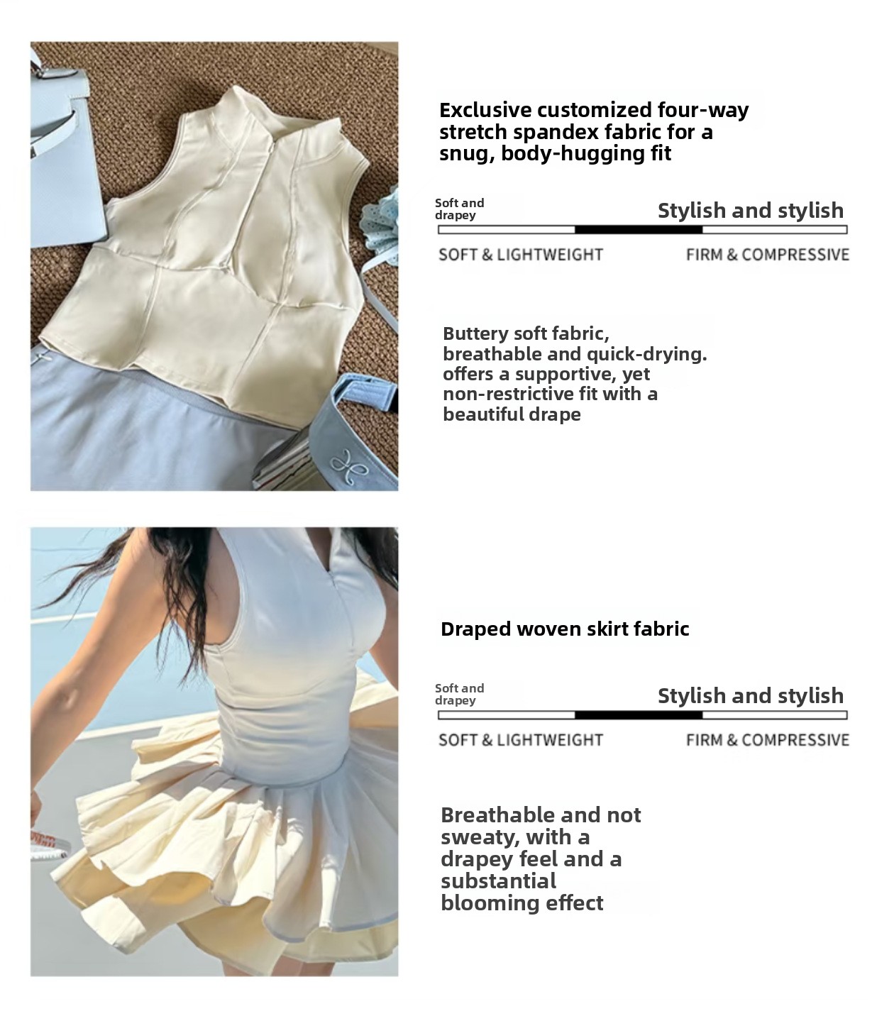 Women's sleeveless zip tennis top and double-layer pleated skirt detail