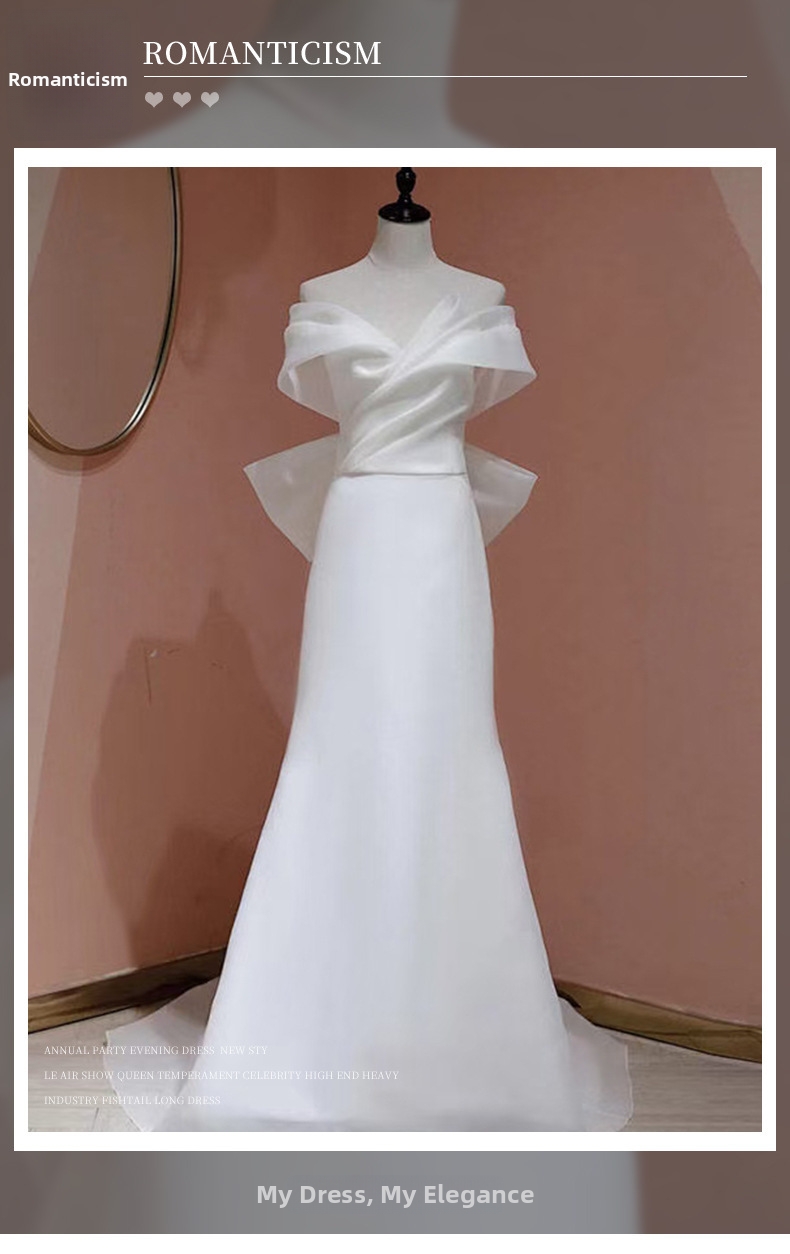 French Mermaid Style Satin Wedding Dress White Vintage Banquet Gown off the Shoulder with Short Train for Travel Photography_ecoleips.com