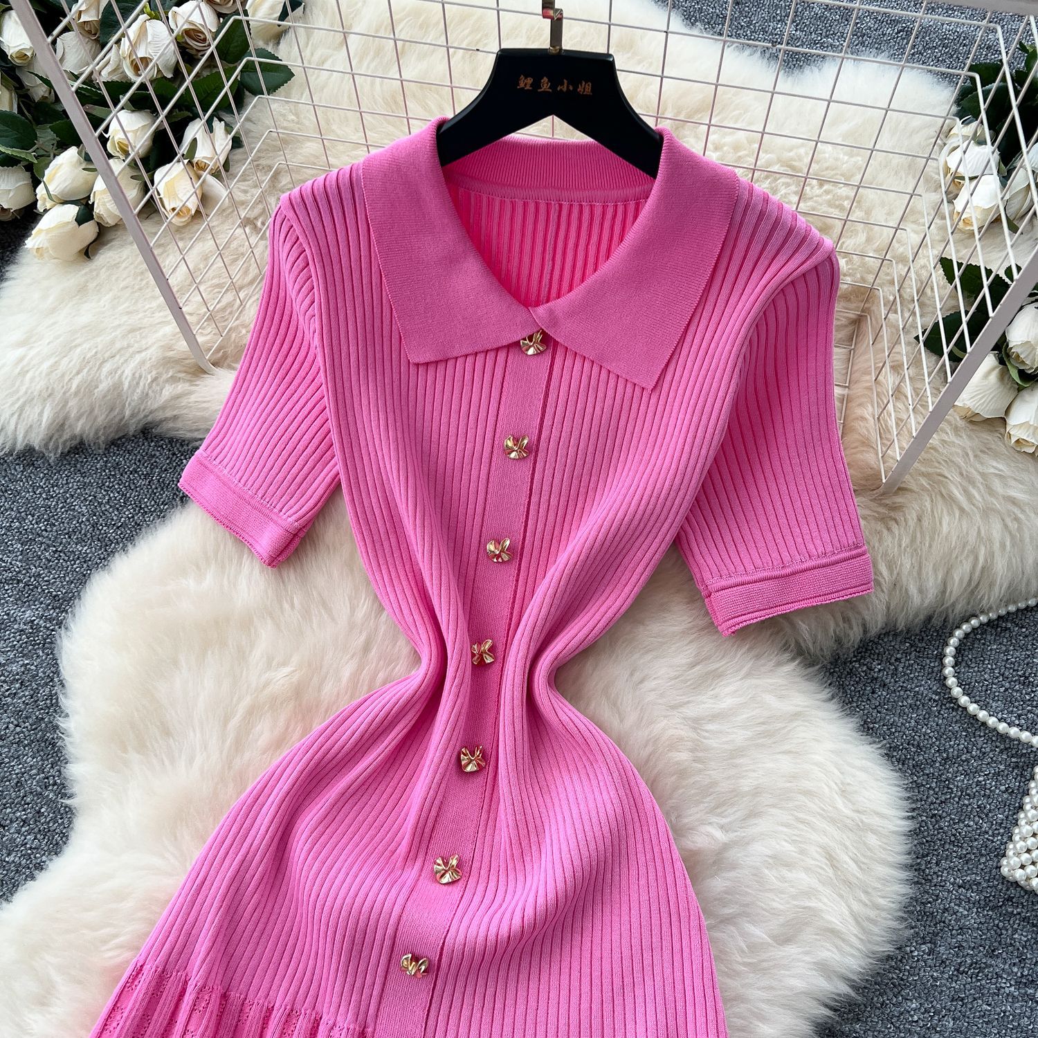 Women's French Retro Polo Collar Dress High End Waist Cinching Long Knit Metal Buckle Slim Fitting Short Sleeved_ecoleips.com
