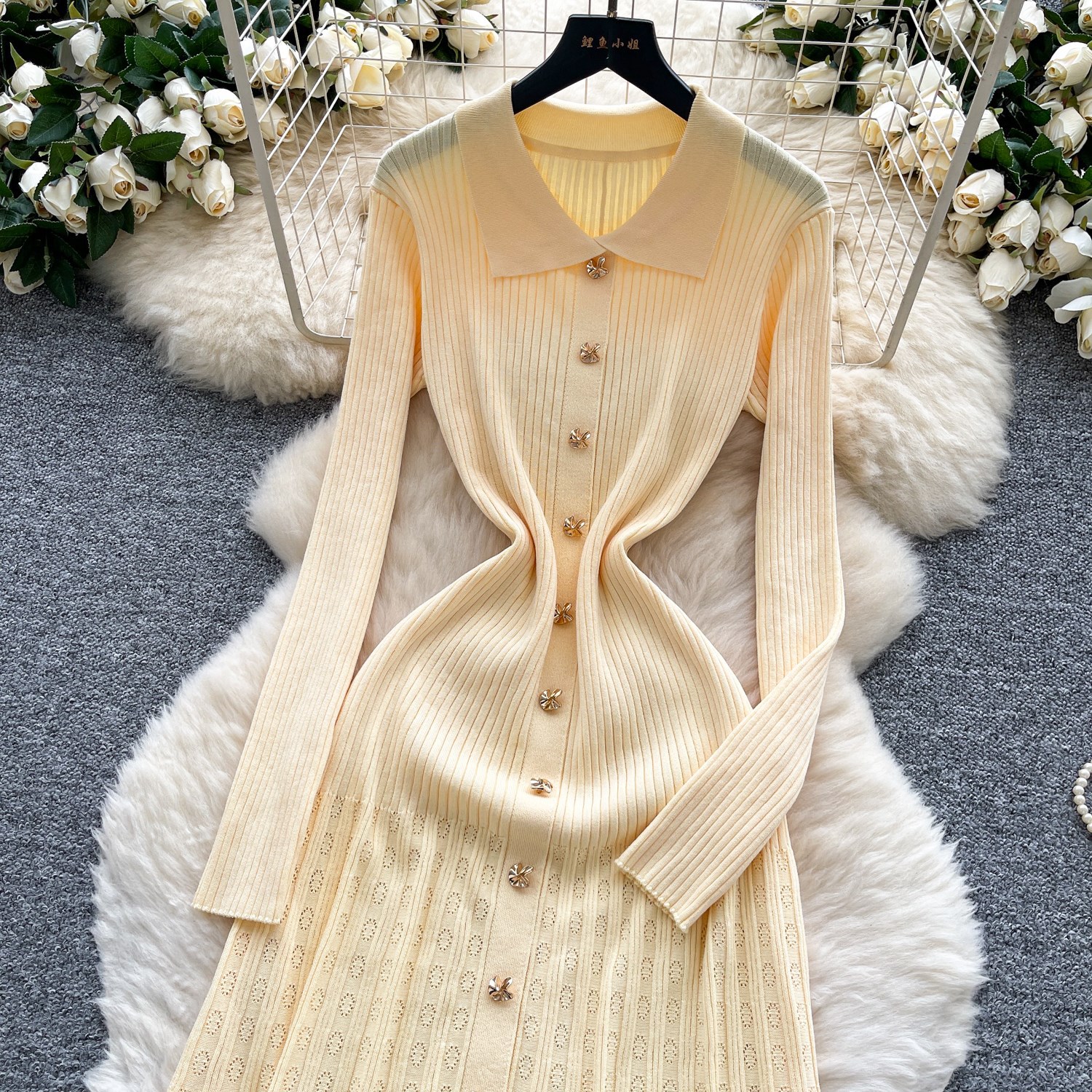 Vintage French-Inspired Polo Collar Dress – Long Sleeve Hook Knit With Metal Buttons & Waist-Defining Fit_ecoleips.com