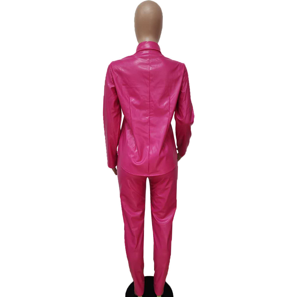 Women's Leather Jacket Pant Set Candy Colour Stylish Tracksuit_voghion.com