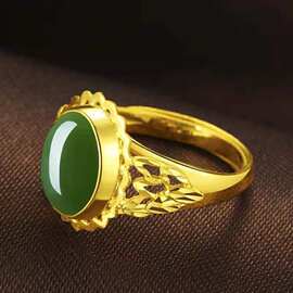 女戒金女款金镶玉戒指结婚珠宝首饰妈妈和田玉戒指 镀黄金 银戒指