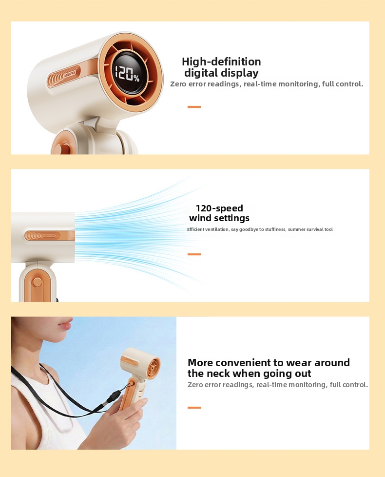 Handheld Mini Fan With Neckband Usb Rechargeable Digital Display_voghion.com