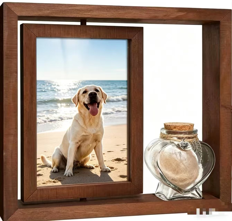 Pet Memorial Photo Frame, Rotatable 4X6 Photo Wooden Frame, Dog and Cat Gift Rotating Photo Frame