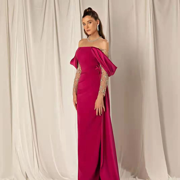 Rose Red Satin Off-The-Shoulder Evening Dress, Fishtail Slim Fit, Slimming, Hostess Cocktail Party Banquet Performance Dress for Women Ss332L