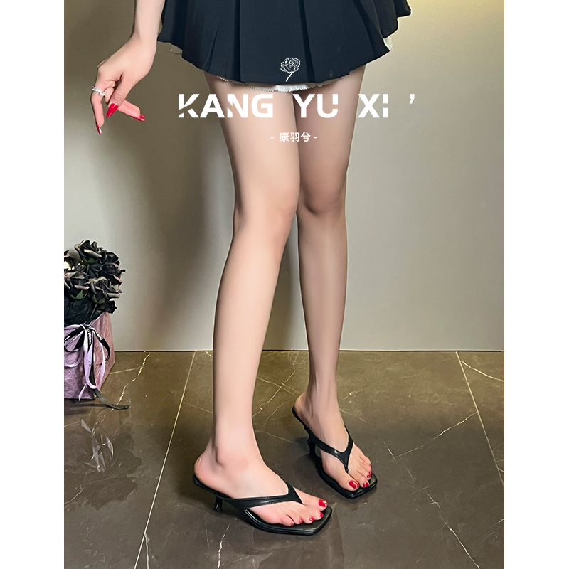 Beautiful and Elegant High-Heeled Shoes for Women, Black 2025 New Style, Slip-On Thong Sandals, Kitten Heel Flip-Flops