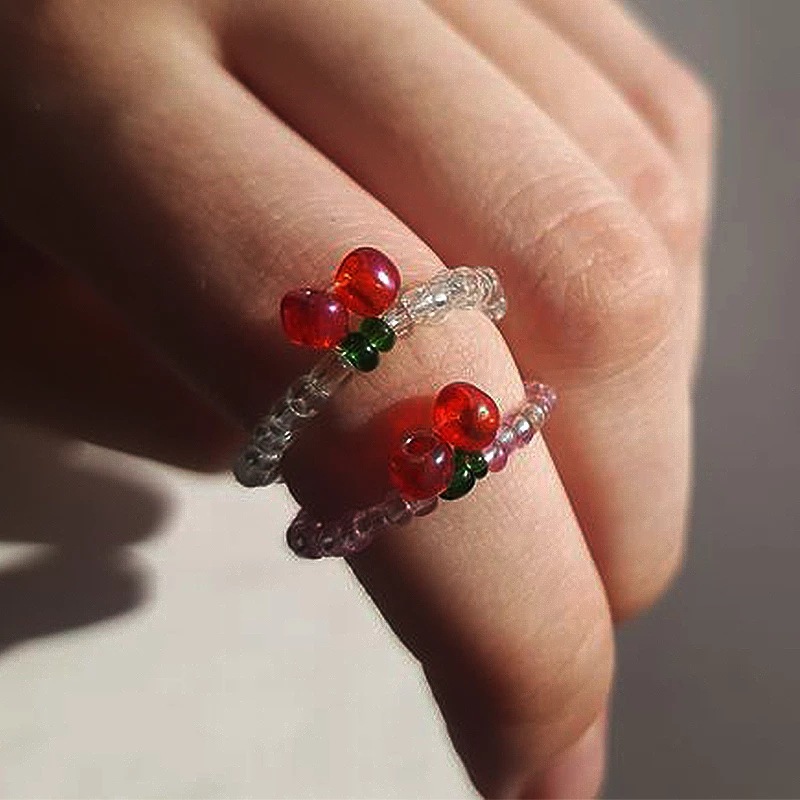 Elastic Crystal Bead Ring Summer Cherry Fruit Ring Female