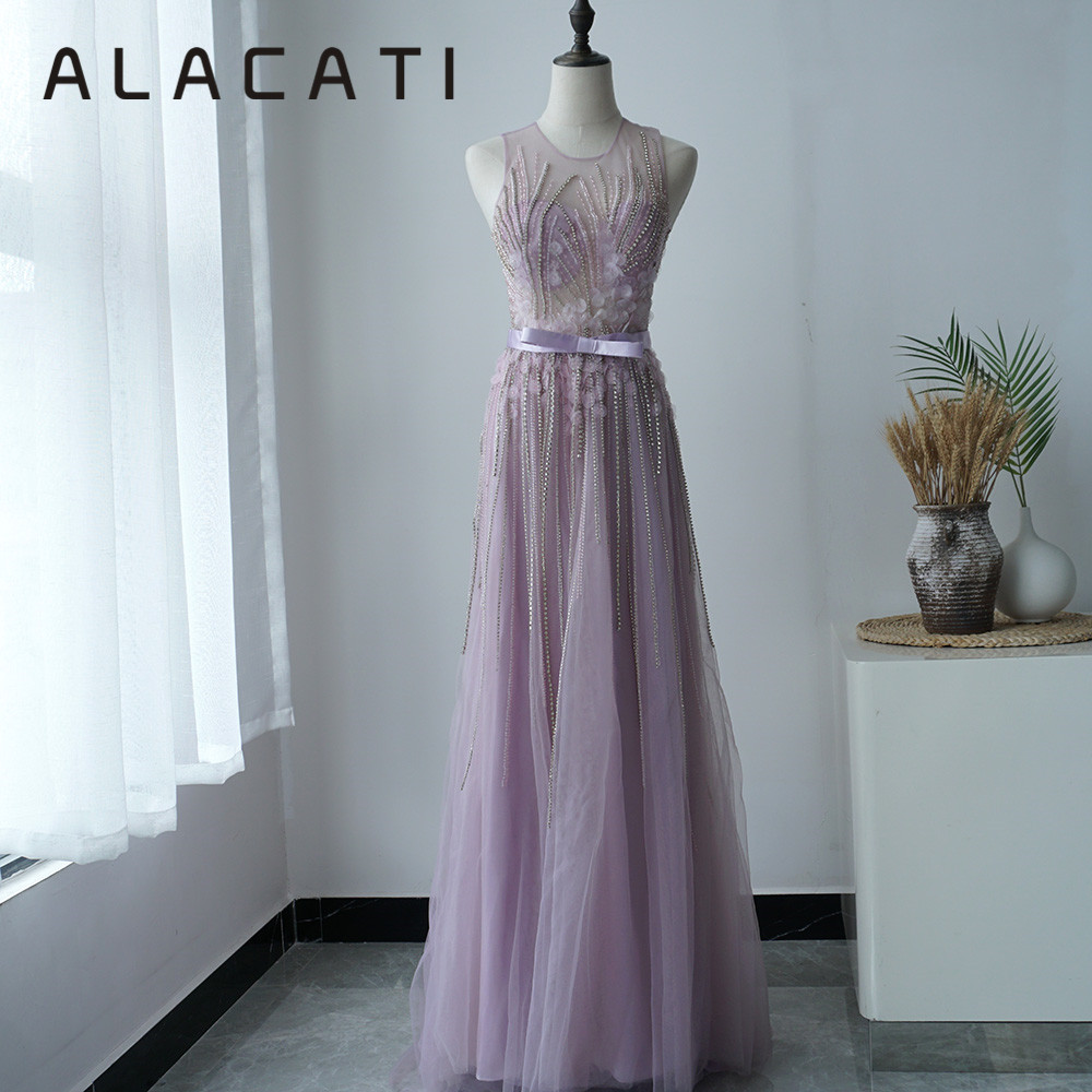 Special! Alacati's New Classy Crystal Fantasy Purple Long Evening Dress for Women to Look Slim and Host the Bride
