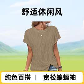 2025欧美跨境亚马逊TEMU夏季新款女装休闲宽松纯色圆领蝙蝠袖t恤