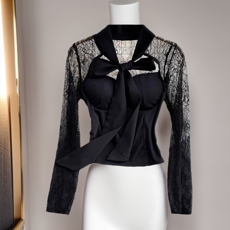 Cross-border Spring and Autumn French Court Style Bow Lace Stitching Sexy Strapless Shirt Slim-fit Short Long Sleeve Top