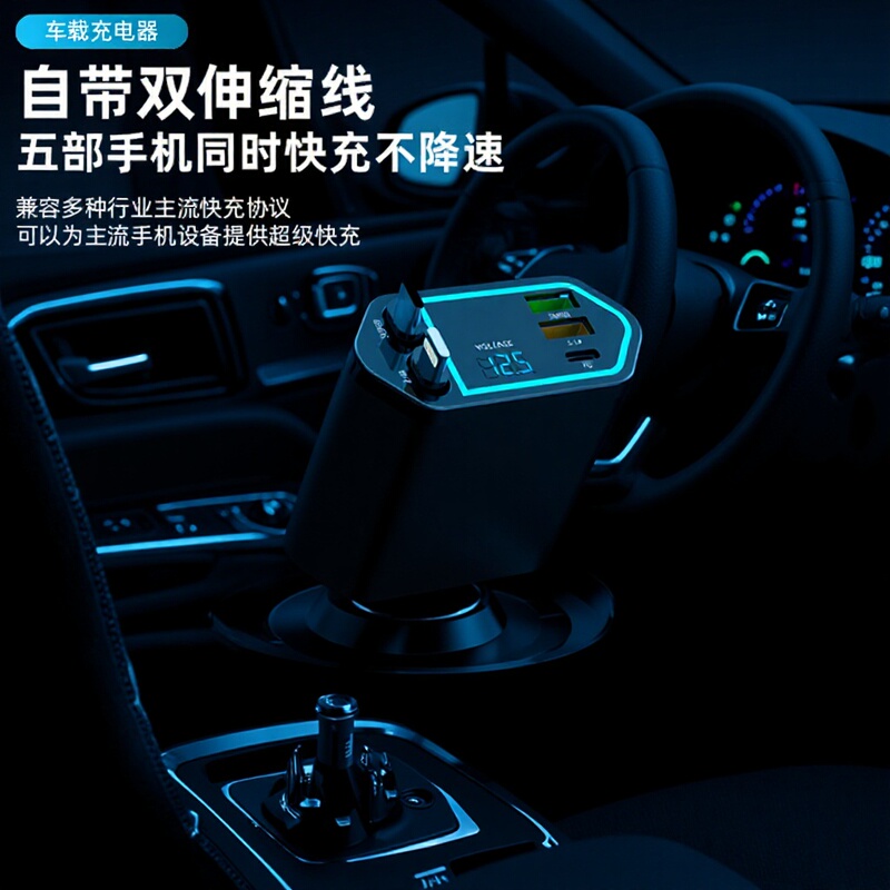 Factory direct digital display 120W super fast charging car charger multi-port telescopic line flash charging car charging