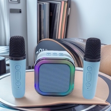 跨境批发K12蓝牙音箱话筒一体机户外直播家用K歌带麦克音响双麦