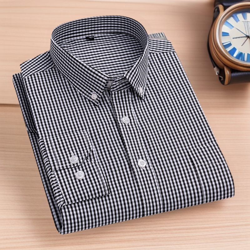 Camisa de manga larga para jóvenes de moda a cuadros pequeños totalmente de algodón, camisa informal ajustada de cuadros pequeños con cuello vuelto urbano de negocios