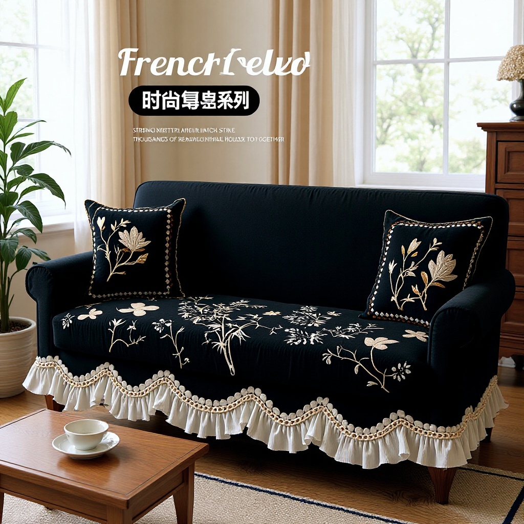 Black Luxury-Style Straight-Row Sofa Cushion 2025 New Model, All-Season Universal Non-Slip Seat Cover Blanket