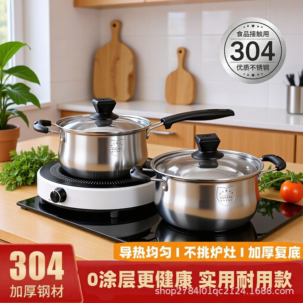 304 Stainless Steel Thickened Non-Coated Milk Pot Small Pot Non-Stick Mini Cooking Steamer Compatible with Induction Cooker and Gas Stove