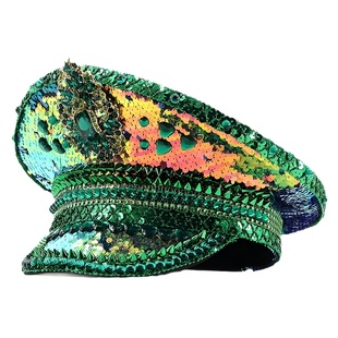 Cross-Border Punk Style Green Studded Sequin Navy Hat Festival Performance Crown Party Hat Trendy Performance Hat