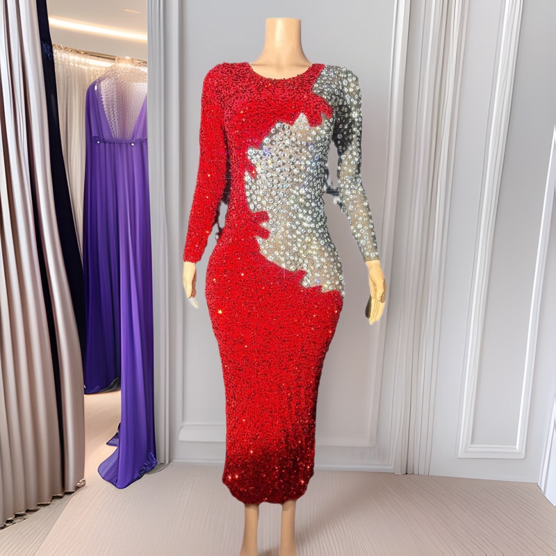 Foreign trade cross-border women's clothing heavy industry diamond-studded shiny full diamond long sleeve hip skirt model host festive dress dress Foreign trade cross-border women's clothing heavy industry diamond-studded shiny full diamond long sleeve hip skirt model host festive dress dress