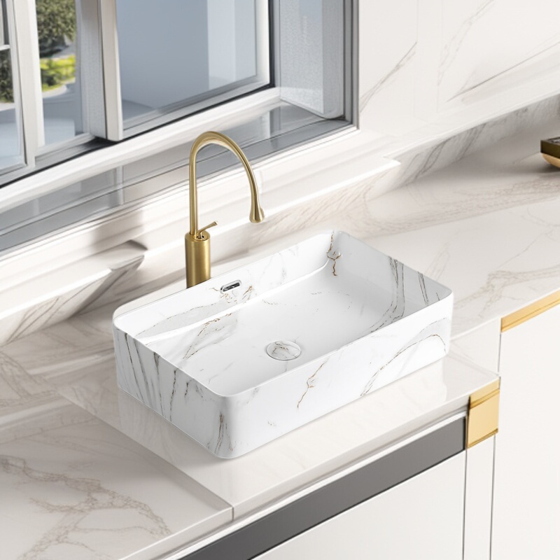 Countertop Washbasin, Ceramic Washbasin, Marble-Patterned Washbasin, Colorful Washbasin, Hotel Project, Simple Style