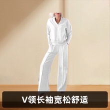2025秋冬亚马逊 跨境欧美新款V领长袖宽松纯色女式时尚休闲裤套装