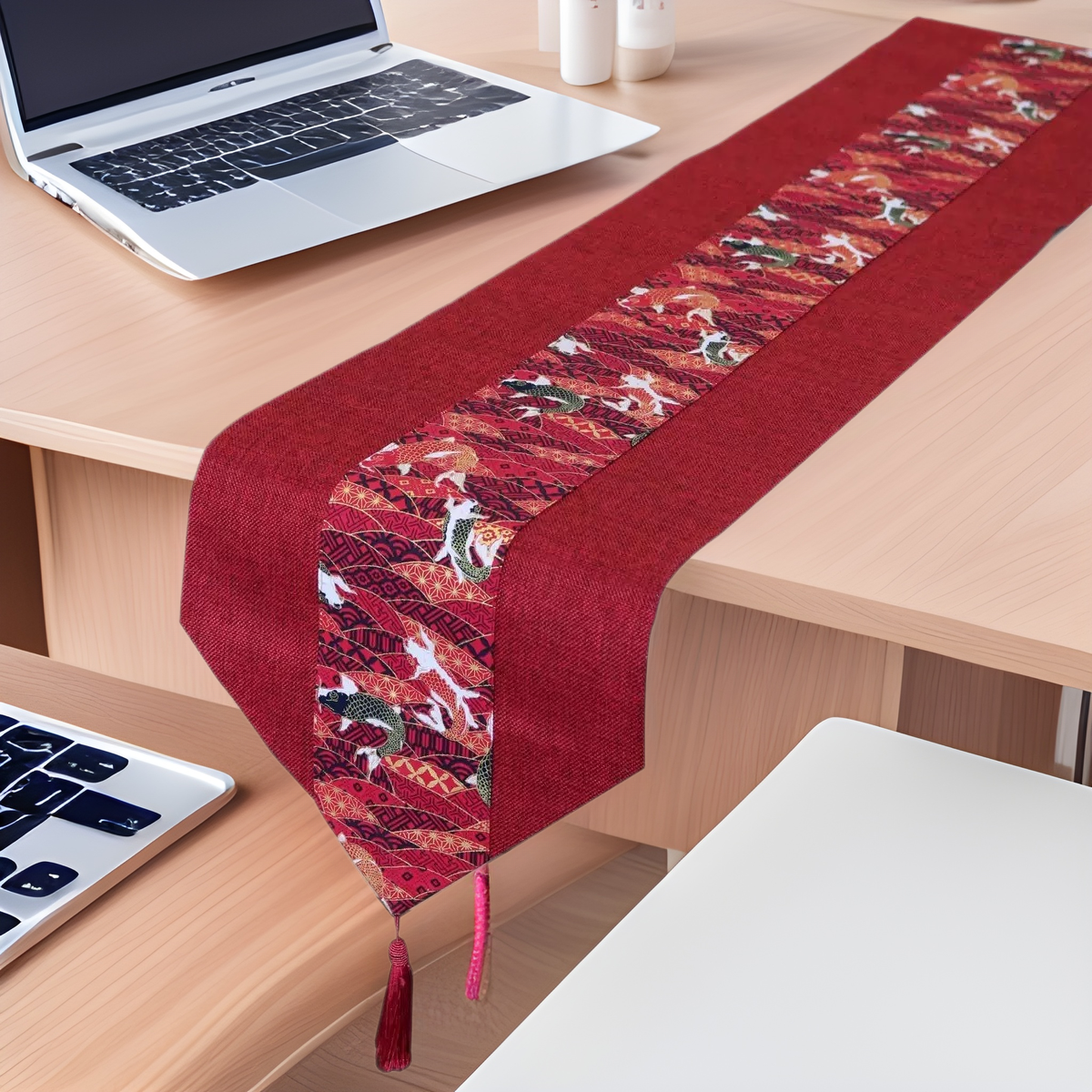 Table Flag Festive Cotton and Linen Red Coffee Table New Chinese Wedding Ceremony Wedding Decoration Koi Tablecloth Long Strip Decoration Festive