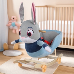 Baby Rocking Chair Wooden Base One-Year-Old Children Rocking Horse Plush Trojan Horse Music Rocking Chair Baby One-Year-Old Gift