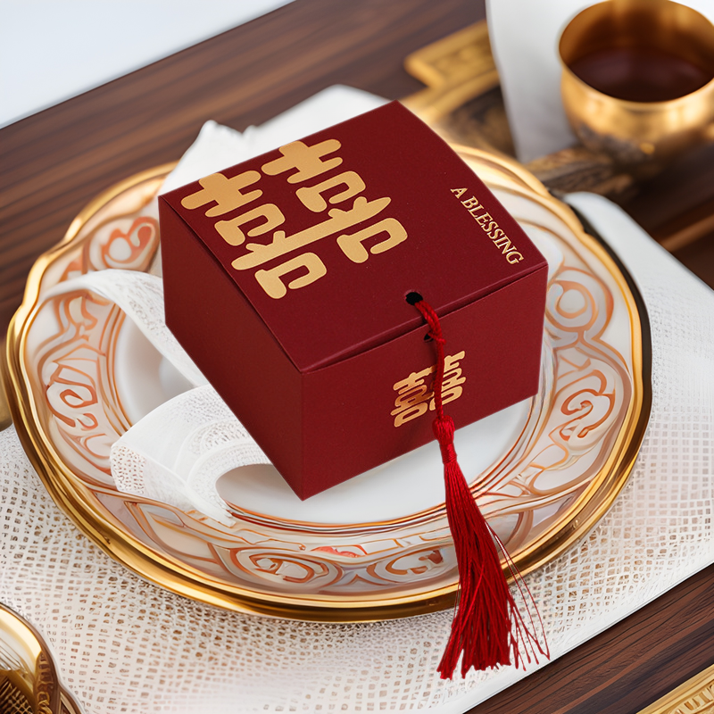 Nueva caja de caramelo cuadrado chino caja de dulces de la boda estilo chino caja de regalo de la borla caja de dulces al por mayor