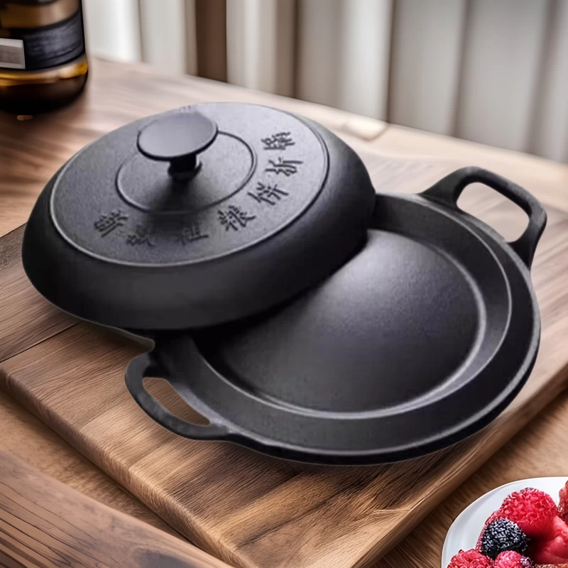 Оптовая продажа чугунных сковород для блинов без покрытия, грубозернистая сковорода для блинов, складная сковорода для блинов, бытовая сковорода с плоским дном в китайском стиле
