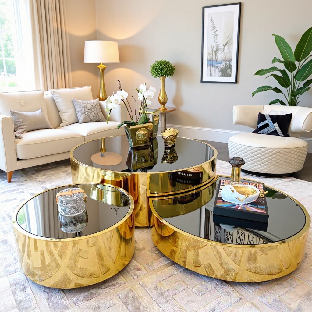 Tempered Glass Coffee Table Set with Stainless Steel, Modern Minimalist Design for Home, Living Room, Bar, Villa, Light Luxury Round Coffee Table