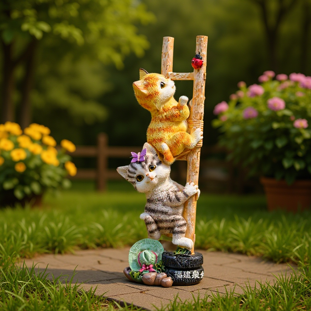 Two Kittens Climbing Stairs Resin Home Ornaments Cute Pet Cat Mini Cartoon Garden Climbing Stairs to Play