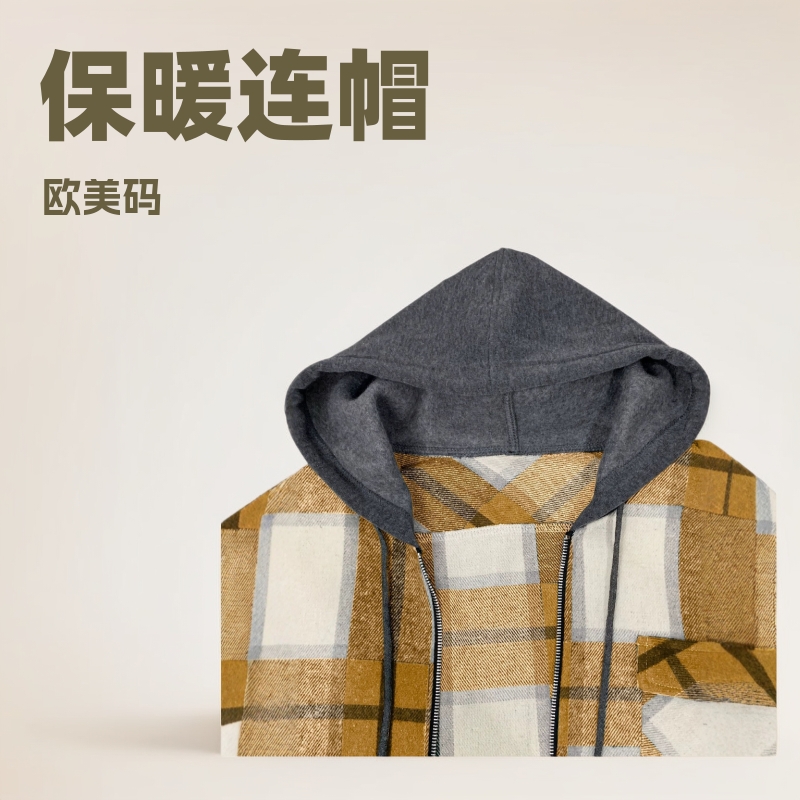 亚马逊爆款欧美码男式法兰绒呢绒夹克拉链连帽衫冬季保暖连帽外套