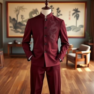 New Zhongshan Suit Men's suit Slim-fit Chinese Collar Dragon Pattern Chinese Style Performance Suit Chinese Wedding Dress
