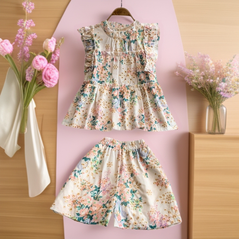 Summer Sweet Floral 1/ 4inch Sleeveless Doll Shirt Hollow Embroidery Top + High-Waisted Slimming Wide Summer Sweet Floral 1/ 4inch Sleeveless Doll Shirt Hollow Embroidery Top + High-Waisted Slimming Wide