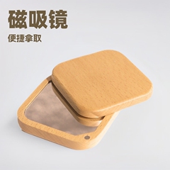 木質倒角正方形小鏡子便捷手持磁吸鏡 旋轉美妝禮品化妝女禮品盒