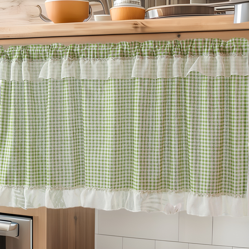 New Coffee Curtain Short Curtain Japanese Plaid Curtain Fabric Wear Rod Curtain Simple Fresh Household Kitchen Curtain Door Curtain