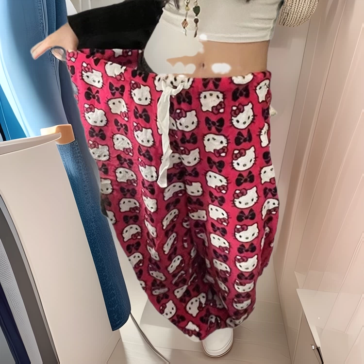 2023 летний новый мультяшный принт широкие брюки женские свободные дикие bf ветер эластичная талия прямые брюки женские приливы