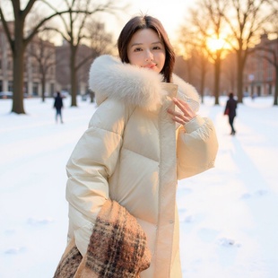 Pinghu down Jacket Women's 2025 Winter New Long Style Large Fur Collar Slimming Look Knee-Length Thickeneded Goose down Classy Jacket Wholesale