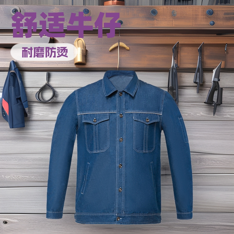 Dirty-Resistant Work Clothes, Denim Summer Thin Long-Sleeved Workwear Suit, Men's Jacket with Reflective Strips, Factory Quick-Drying Workwear