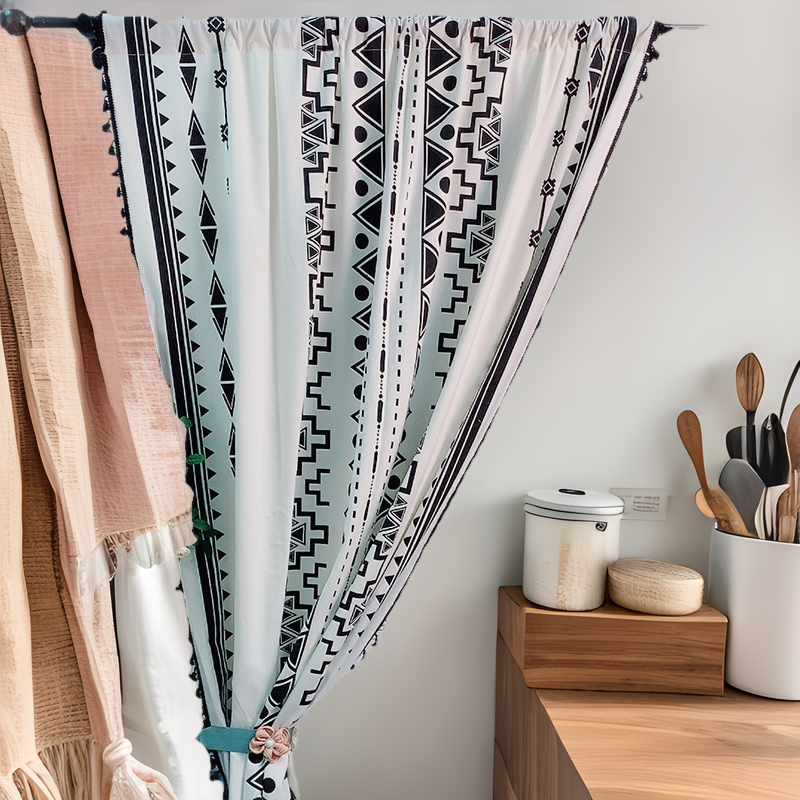 Cross-border Exclusive Bohemian Style Finished Cotton Linen Black Tassel Printed Kitchen Curtain Bay Window Curtain
