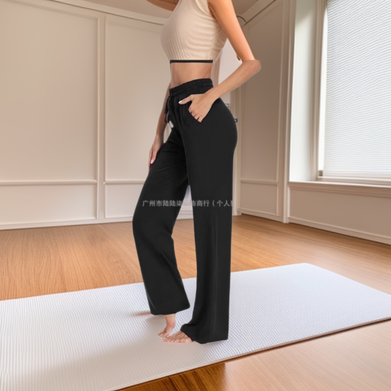 2025欧美亚马逊春夏女士裤子纯色系带瑜伽裤休闲阔腿长裤女显腿长
