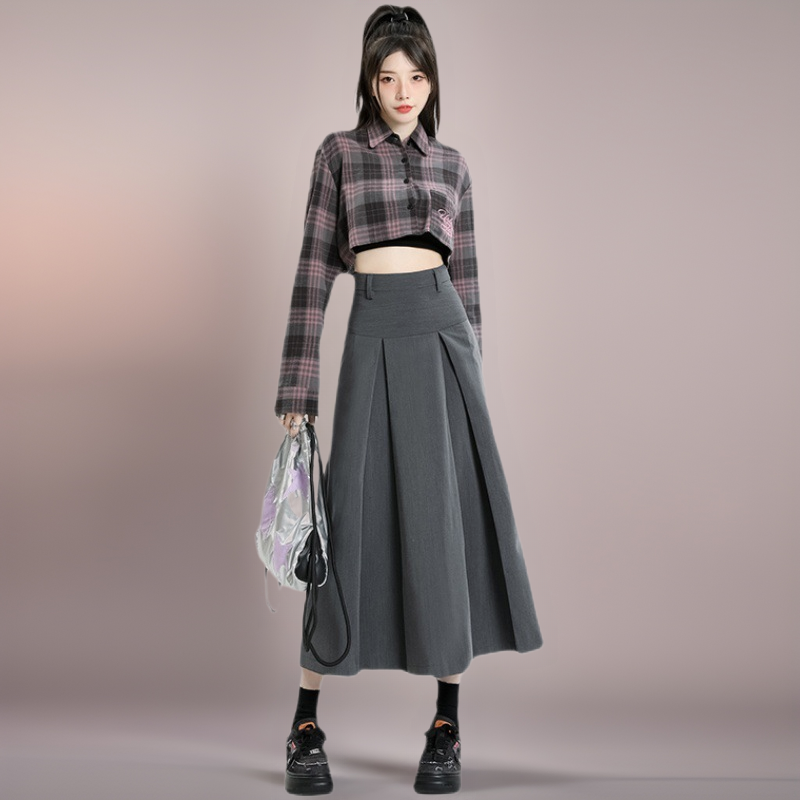150小柄な背の小さい百シワの半身のスカートの中で長いタイプの女性の高腰のa字は尻のxsを包んで高くて学院の風のスーツのスカートの春を現します。