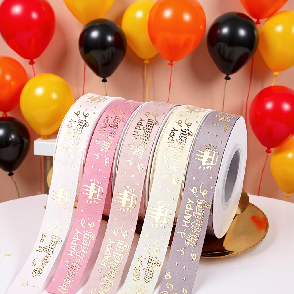 Cinta de 2 cm con estampado 3D de feliz cumpleaños en lámina dorada, en stock, para decoración de pasteles, accesorios de embalaje al por mayor
