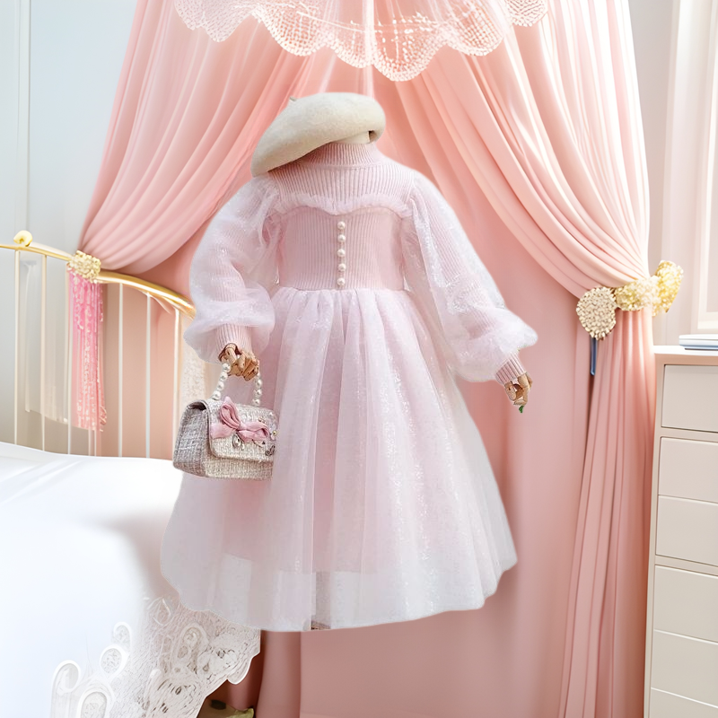 Vestido de princesa Coreana de las niñas 2023 otoño malla linterna manga costura estilo occidental de los niños vestido esponjoso de punto