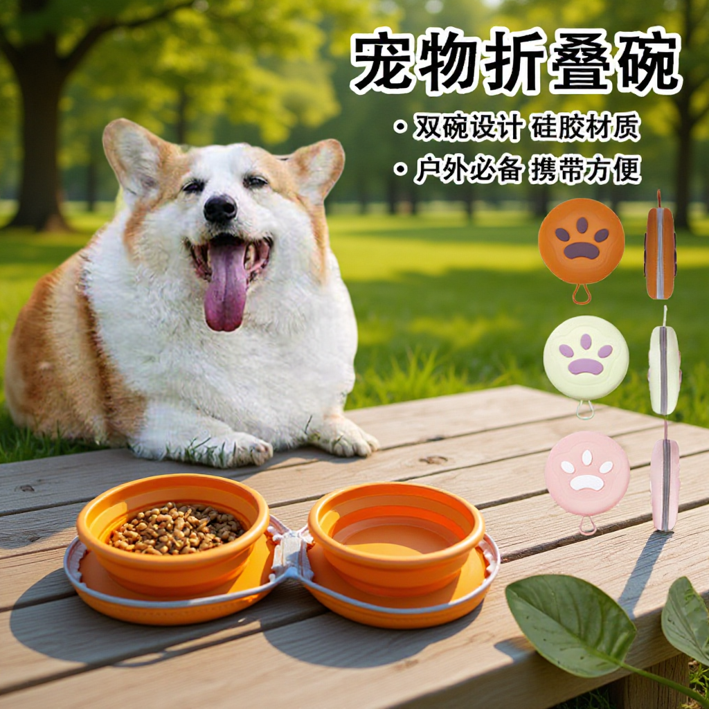 Cross-Border Outdoor Pet Feeding Silicone Foldableing Bowl Double Bowl Design Environmentally Friendly Silicone Pet Food Utensils Cat and Dog Supplies
