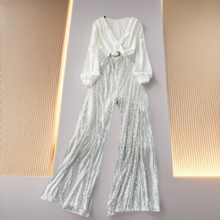 Women's high-end women's long-sleeved shirt with fake two-piece design and sequined long wide-leg pants