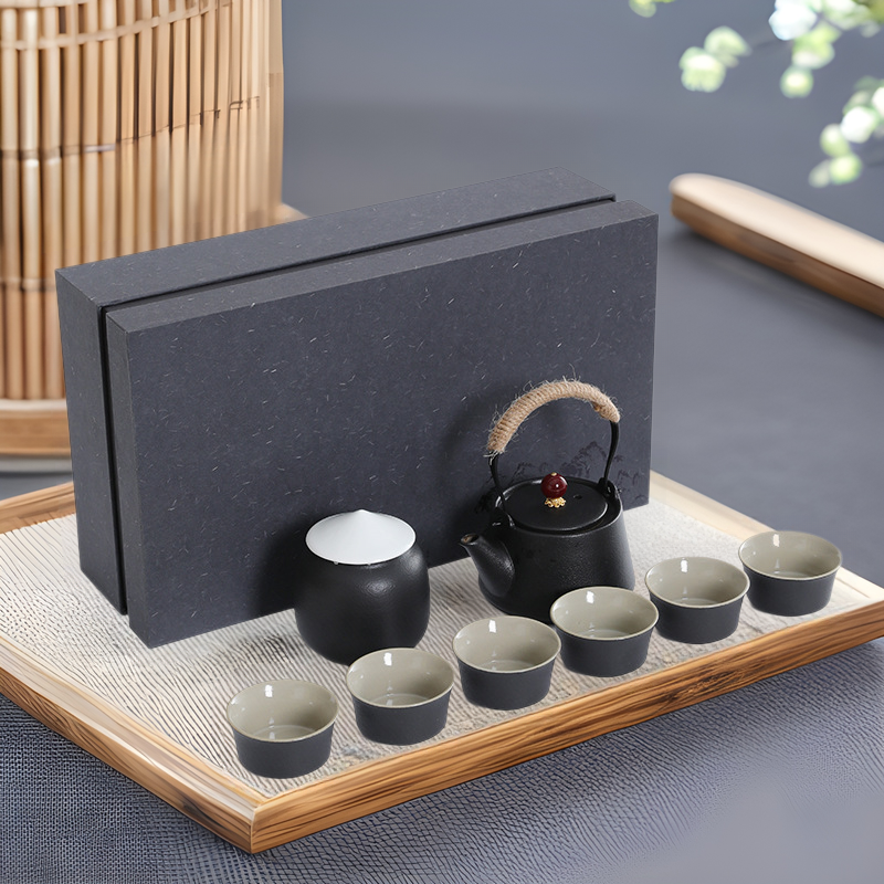 Black pottery kung fu tea set household Chinese simple beam teapot tea cup high-end gift box suit company activity gift