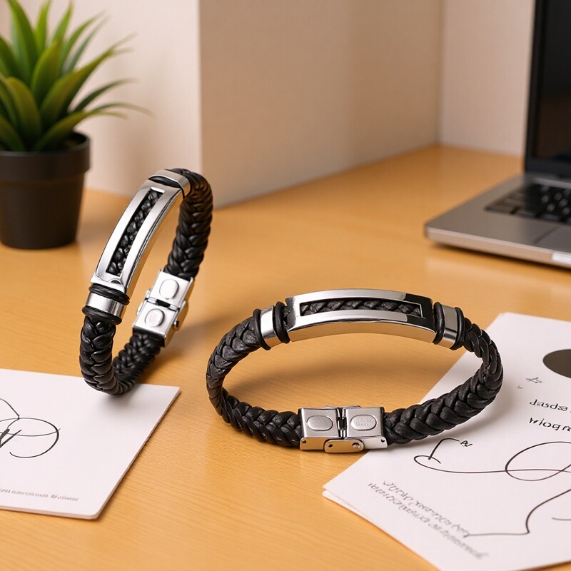 30 years old factory cross-border foreign trade European and American fashion men and women hollow simple wrist strap PU leather woven belt polished titanium steel bracelet