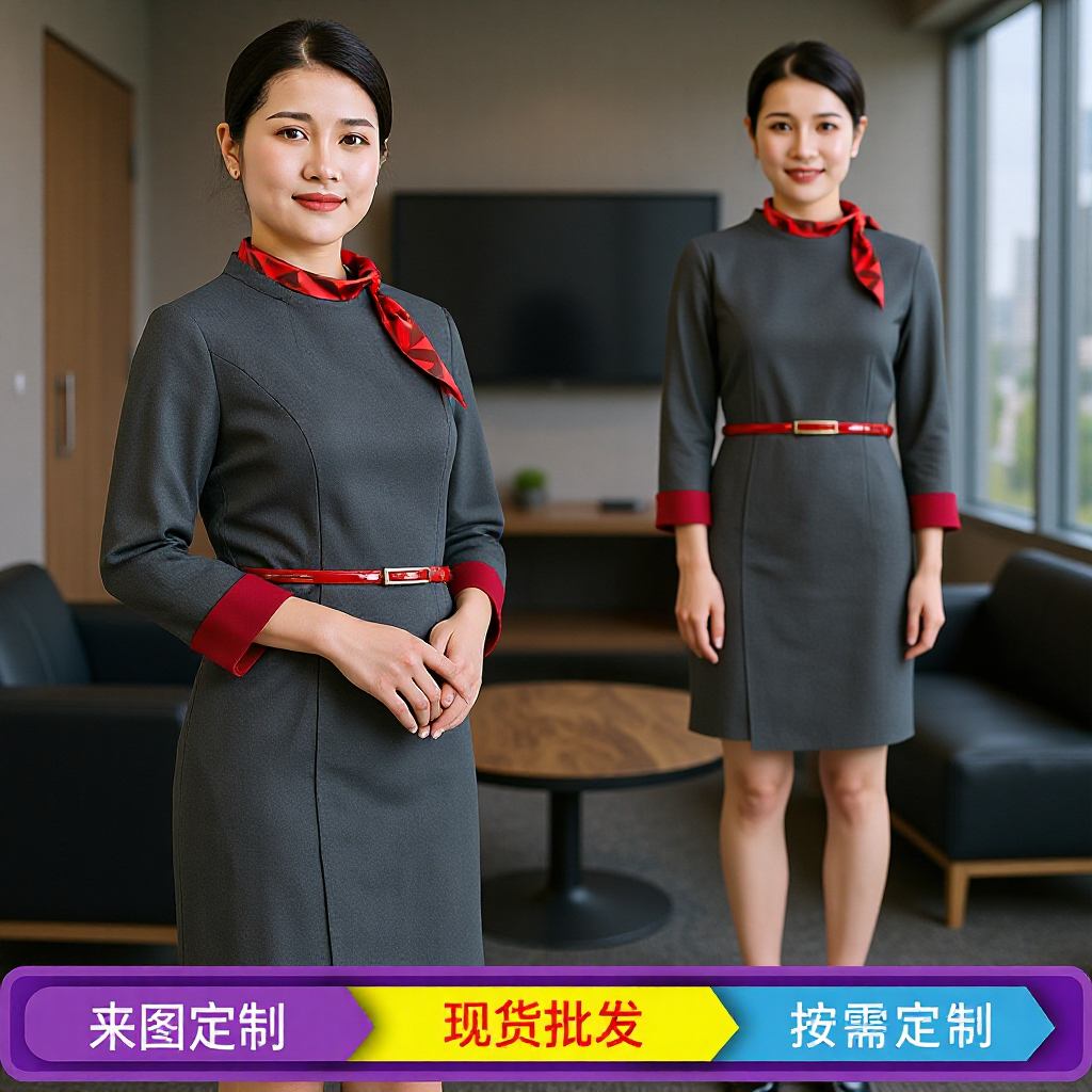 Red Earth Airline Stewardess Professional Dress, Railway Etiquette Training Stewardess Outfit, Airline Professional Uniform Pleated Dress
